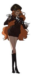 1girl :o alternate_costume baton_(weapon) black_boots black_hat black_jacket black_skirt boots crossed_legs full_body gloves green_eyes hands_up hat high_heels highres holding_baton_(weapon) jacket knee_boots long_hair looking_at_viewer miniskirt orange_hair peaked_cap pencil_skirt reverse:1999 shirt skirt solo sonetto_(reverse:1999) standing v-shaped_eyebrows very_long_hair weapon white_background white_gloves white_shirt ziyunshanding