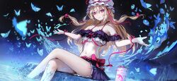 1girl alternate_costume bikini bikini_skirt blonde_hair blue_butterfly bow breasts bug butterfly cleavage closed_mouth collarbone commentary_request crossed_legs food food_request game_cg hair_bow hat hat_ribbon inaeda_kei insect light_smile long_hair looking_at_viewer mob_cap navel official_art pink_bow pink_eyes pink_nails pink_ribbon purple_bikini ribbon sitting small_breasts soaking_feet solo stomach swimsuit thighs third-party_source touhou touhou_gensou_eclipse very_long_hair water water_drop white_hat yakumo_yukari