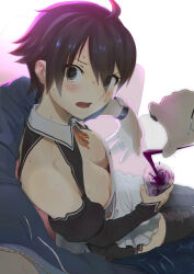 1boy 1girl 2equal8 ahoge apron bare_shoulders black_dress black_hair black_sleeves black_thighhighs blue_pants blush bra breasts brown_eyes chain cleavage commentary cup denim detached_sleeves downblouse dream_c_club dream_c_club_(series) dress drink frilled_apron frills from_above from_behind front-to-back furrowed_brow glass gold_chain gradient_background hair_over_one_eye highres holding holding_cup holding_drink hostess jeans jewelry looking_back looking_up medium_breasts nao_(dream_c_club) neck_ribbon open_mouth orange_bra orange_ribbon pants pouring pov pov_hands ribbon ring short_hair sitting sitting_on_lap sitting_on_person solo_focus strapless strapless_bra surprised sweat teeth thighhighs tomboy underwear upper_teeth_only very_short_hair very_sweaty watch white_apron white_background white_dress wristwatch zettai_ryouiki