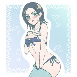 Rule 34 | 1girl, bare arms, bare shoulders, between legs, black hair, blue thighhighs, blush, bra, breasts, collarbone, commentary request, comoli harcourt, covering breasts, covering crotch, covering privates, front-tie bra, gundam, gundam gquuuuuux, hand between legs, heart, lingerie, open mouth, outline, panties, pl65344825, purple bra, purple panties, short hair, side-tie panties, sketch, small breasts, solo, straight hair, strap slip, sweatdrop, thighhighs, underwear, underwear only, white outline, yellow eyes