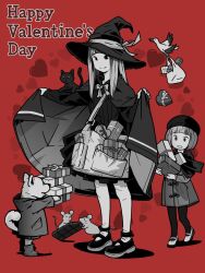 2girls animal bag bird bow box candy cape cape_lift carrying cat chocolate chocolate_bar duck food gift gift_box greyscale_with_colored_background happy_valentine hat heart highres jacket kagei_eru long_sleeves mouse_(animal) multiple_girls newsboy_cap original red_background scarf shoes shoulder_bag skirt smile standing toggles witch_hat