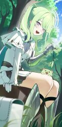 1girl absurdres armor blurry chico_(yuzuha_riko) depth_of_field g_godocbaek gauntlets gloves greaves green_hair hair_ornament hashtag-only_commentary highres jacket long_hair long_sleeves looking_at_viewer miniskirt open_mouth purple_eyes sidelocks single_gauntlet sitting skirt smile solo stellive twintails undershirt virtual_youtuber white_gloves white_jacket white_skirt yuzuha_riko