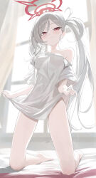 1girl absurdres armpit_crease backlighting barefoot blue_archive blurry blurry_background bottomless breasts closed_mouth clothes_lift collarbone commentary_request curtains day depth_of_field double-parted_bangs full_body hair_over_shoulder halo hands_up highres kneeling lifting_own_clothes light_blush light_smile long_hair long_shirt looking_at_viewer looking_down medium_breasts mutsuki_(blue_archive) naked_shirt no_bra off-shoulder_shirt off_shoulder on_bed one_side_up re_naya red_eyes red_halo shirt shirt_lift short_sleeves sidelocks single_bare_shoulder solo spot_color sunlight t-shirt very_long_hair white_hair white_shirt white_theme wide_sleeves window