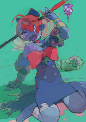 1girl colored_skin commentary crying crying_with_eyes_open drooling grey_skin highres hololive hololive_indonesia kureiji_ollie kureiji_ollie_(1st_costume) mouth_drool multicolored_skin object_through_head patchwork_skin stitched_arm stitched_face stitched_leg stitched_torso stitches sword_in_head symbol-shaped_pupils tears umezawa_michiko virtual_youtuber x-shaped_pupils