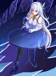 1girl absurdres alternate_costume bare_shoulders black_choker black_pants blue_gloves breasts chair choker commentary cup detached_sleeves genshin_impact gloves hair_intakes hair_ornament halterneck highres holding holding_cup long_hair long_sleeves medium_breasts nopparuj_got pants red_eyes shirt sitting skirk_(genshin_impact) solo table teacup thighs very_long_hair white_hair white_shirt