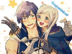 1boy 1girl :d black_robe blue_eyes blue_hair blue_shirt blush brown_eyes chrom_(fire_emblem) collarbone commentary_request english_text female_robin_(fire_emblem) fire_emblem fire_emblem_awakening flower_symbol gloves highres hooded_robe long_hair looking_at_viewer nervous_smile nintendo nishimura_(shinchinagachi) open_mouth robe shirt short_hair sleeveless sleeveless_shirt smile sweat thick_eyebrows twintails upper_body white_background white_hair