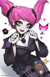 1boy 1girl absurdres artist_name belt black_belt black_collar black_dress black_eyeshadow black_nails bracelet breasts cleavage collar collarbone colored_skin couple cyborg_(dc) dark-skinned_male dark_skin dc_comics dress ear_piercing eyeshadow grey_skin head_between_thighs heart highres jewelry jinx_(dc) leg_belt makeup medium_breasts mikuneki open_mouth pantyhose piercing pink_eyes pink_hair shadow solo spiked_bracelet spikes spoken_heart teen_titans teeth thick_eyelashes two_side_up victor_stone