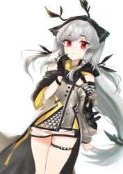 Rule 34 | 1girl, absurdres, arknights, bare shoulders, cape, cowboy shot, dress, dutch angle, expressionless, gloves, hair ornament, hand to own mouth, hand up, headgear, highres, hiiragi (hiragi w p e), jacket, long hair, long sleeves, looking at viewer, low-tied long hair, no legwear, parted lips, red eyes, scar, see-through clothes, see-through dress, single glove, thigh strap, weedy (arknights), white background, white hair, x hair ornament