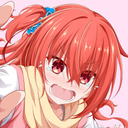 1girl absurdres blue_scrunchie blush close-up commentary crossed_bangs eyes_visible_through_hair fang flustered hair_between_eyes hair_ornament hair_scrunchie highres inaba_meguru jacket letterman_jacket long_hair long_sleeves lower_teeth_only one_side_up open_mouth orange_hair pink_background pink_jacket sanoba_witch scarf scrunchie simple_background skin_fang solo suzukihiko7610 tearing_up tears teeth v-shaped_eyebrows white_sleeves yellow_scarf