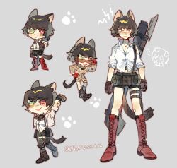 1girl animal_ears artist_name bike_shorts black_hair black_shorts boots deformed devil_may_cry_(series) gloves green_eyes grey_background heterochromia highres kalina_ann_(weapon) kemonomimi_mode lady_(devil_may_cry) midriff multiple_views paw_print red_eyes red_gloves rocket_launcher shirt shorts simple_background tail thigh_strap tinted_eyewear tongshengzhan_tutourou weapon white_shirt