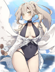 black_one-piece_swimsuit blue_archive blue_sky blush breasts closed_mouth cloud day earrings highres hoop_earrings jewelry large_breasts looking_at_viewer morishin546 nagisa_(blue_archive) nagisa_(swimsuit)_(blue_archive) ocean official_alternate_costume one-piece_swimsuit outdoors sky swimsuit thighs twitter_username white_wings wings yellow_eyes