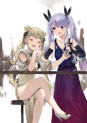2girls :o absurdres alcohol animal_ears arm_cutout bar_(place) bar_stool belt black_belt blue_dress blush cattleya_regina_games china_dress chinese_clothes cleavage_cutout closed_eyes clothing_cutout commentary_request crossed_legs cup double_bun dress drinking_glass fake_animal_ears gown gradient_clothes gradient_dress green_dress green_hair grey_footwear hair_bun hair_ornament hanabusa_lisa high_heels highres holding holding_cup low_neckline multicolored_hair multiple_girls open_mouth pink_eyes pink_hair purple_dress purple_hair red_wine sidelocks sitting standing stool streaked_hair teeth tosaki_mimi twintails upper_teeth_only virtual_youtuber vspo! wine wine_glass zen_juraku