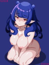 1girl blue_hair breasts collarbone dizzy_dokuro feet kneeling large_breasts looking_at_viewer nail_polish nipples nude phase_connect pointy_ears red_eyes seth-chama shiny_skin smile solo virtual_youtuber