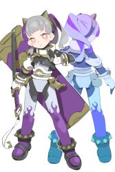 1girl absurdres cheri_zao fingerless_gloves full_body gloves grey_hair highres katana multicolored_hair multiple_views original purple_hair red_eyes ringed_eyes simple_background streaked_hair sword two-tone_hair weapon white_background white_gloves