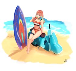 1girl absurdres barefoot beach bikini bl/ess breasts commentary eating english_commentary food highres hololive hololive_english looking_up medium_breasts midriff motor_vehicle nail_polish navel ocean orange_bikini orange_hair popsicle purple_eyes scooter sitting solo summer surfboard swimsuit takanashi_kiara thigh_strap vespa virtual_youtuber