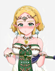 1girl armlet blonde_hair blush bracelet braid breast_rest breasts circlet closed_mouth collarbone commentary_request crown_braid dress earrings green_eyes grey_background highres holding holding_sword holding_weapon jewelry magatama magatama_necklace master_sword medium_breasts necklace nintendo pointy_ears princess_zelda secret_stone short_hair solo strapless strapless_dress sword the_legend_of_zelda the_legend_of_zelda:_tears_of_the_kingdom upper_body wasabi_(legemd) weapon white_dress