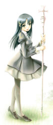 1girl akiba_yuji bad_id black_eyes black_hair black_shoes breasts crescent crescent_hair_ornament crosier dress full_body grass grey_dress grey_pantyhose hair_ornament holding holding_staff juliet_sleeves long_hair long_sleeves looking_at_viewer open_mouth pantyhose priest_(ragnarok_online) puffy_sleeves ragnarok_online shoes small_breasts smile solo staff standing white_background