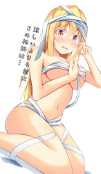 Rule 34 | 1girl, absurdres, arm between breasts, bandages, between breasts, blonde hair, blush, breasts, commentary request, covered erect nipples, embarrassed, from below, hair between eyes, hand on own chest, hands up, highres, kirisame marisa, large breasts, long hair, looking at viewer, looking down, medium breasts, naked bandage, navel, open mouth, shiso gohan, sitting, solo, stomach, thighs, touhou, translation request, underboob, very long hair, yellow eyes