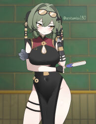 1girl absurdres arutemisu180 black_dress black_gloves breasts caesar_king_(zenless_zone_zero) china_dress chinese_clothes cleavage_cutout clothing_cutout commentary commission cosplay covered_navel cowboy_shot dress english_commentary eyewear_on_head fingerless_gloves gloves green_hair hand_fan highres holding holding_fan large_breasts pelvic_curtain red_dress sleeveless sleeveless_dress solo sweety_(zenless_zone_zero) sweety_(zenless_zone_zero)_(cosplay) tinted_eyewear tuanshan twitter_username v yellow-tinted_eyewear zenless_zone_zero