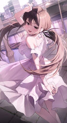 1girl absurdres arm_behind_back arm_up bare_shoulders dress hair_between_eyes hair_ribbon half-closed_eyes highres jewelry long_hair looking_at_viewer open_mouth original outdoors ribbon ring smile solo teeth twintails upper_teeth_only white_dress white_ribbon zzingsa_(daxter123)
