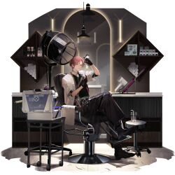 1boy apron barber barber_shop black_apron black_boots black_gloves black_pants black_shirt boots cabinet damingshimingyan faux_figurine full_body game_cg girls&#039;_frontline girls&#039;_frontline_neural_cloud gloves hair_curl hair_dryer highres jacket lanyard looking_at_viewer official_art on_chair pants pink_hair red_vest scissors shirt sitting solo third-party_source tony_(neural_cloud) towel transparent_background vest white_jacket