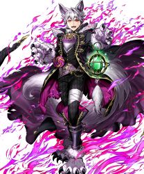 Rule 34 | 1boy, animal ears, aura, bandages, dark aura, dragonstone, fangs, fire emblem, fire emblem awakening, fire emblem heroes, highres, lantern, looking at viewer, male focus, male robin (fire emblem), male robin (grima) (fire emblem), male robin (halloween) (fire emblem), nintendo, non-web source, official alternate costume, official art, okuma yuugo, open mouth, smile, solo, tachi-e, tail, v-shaped eyebrows, white hair, wolf ears, wolf paws, wolf tail