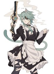 1boy alternate_costume anaxa_(honkai:_star_rail) animal_ears aqua_hair cat_boy cat_ears cat_tail closed_mouth crossdressing eyepatch gun highres holding holding_gun holding_weapon honkai:_star_rail honkai_(series) maid male_focus niilsesu one_eye_covered simple_background solo tail thighhighs torn_clothes torn_thighhighs weapon white_background