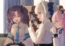 3girls :d ^_^ absurdres alternate_costume alternate_hairstyle blue_archive blue_necktie blunt_bangs cellphone closed_eyes coat collared_shirt commentary drooling hair_between_eyes hair_ornament hair_scrunchie halo headgear highres holding holding_phone indoors kokukyukeo korean_commentary koyuki_(blue_archive) lone_nape_hair long_hair long_sleeves looking_at_another multiple_girls nape necktie noa_(blue_archive) open_clothes open_coat open_mouth parted_bangs phone pink_eyes pink_hair ponytail purple_hair saliva school_uniform scrunchie shirt sidelocks sitting sleeping smartphone smile stifled_laugh taking_picture train_interior triangle_hair_ornament twintails white_coat white_hair white_shirt window yuuka_(blue_archive)