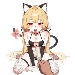 Rule 34 | 1girl, absurdres, animal ear fluff, animal ears, bell, black panties, blonde hair, bow, breasts, cat cutout, cat ears, cat lingerie, cat tail, center opening, cleavage, clothing cutout, collar, detached sleeves, fishnet thighhighs, fishnets, food, frilled sleeves, frills, highres, holding, holding food, holding popsicle, low twintails, neck bell, open mouth, original, panties, pink bow, popsicle, red eyes, sexually suggestive, simple background, sitting, solo focus, tail, tail bow, tail ornament, thighhighs, tongue, tongue out, twintails, underwear, wariza, white background, yunjuice