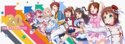1boy 6+girls ahoge amami_haruka belt beyond_the_bluesky_(idolmaster) blue_eyes blue_skirt boots brown_eyes brown_hair choker closed_eyes closed_mouth crown cute_&amp;_girly_(idolmaster) dress flower gakuen_idolmaster green_eyes hair_flower hair_ornament hanami_saki hat hidaka_ai highres idolmaster idolmaster_(classic) idolmaster_cinderella_girls idolmaster_dearly_stars idolmaster_million_live! idolmaster_million_live!_theater_days idolmaster_shiny_colors idolmaster_side-m idolmaster_va-liv kamille_(vcx68) kasuga_mirai long_hair long_sleeves mini_crown multiple_girls one_eye_closed one_side_up outstretched_arm pants pink_dress running sakuragi_mano shimamura_uzuki shiny_trinity_(idolmaster) short_hair short_sleeves skirt sleeveless sleeveless_dress smile snow_strawberry_(idolmaster) standing starpiece_memories_(idolmaster) starry_sky_bright_(idolmaster) tendo_teru tiara tomori_manaka white_hat white_pants