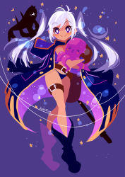 1girl 2017 artist_name bag belt boots bright_pupils cape dated fire_emblem fire_emblem_heroes fish full_body gloves holding long_hair looking_at_viewer nintendo octopus off_shoulder official_alternate_costume polearm projecttiger purple_background purple_theme robin_(female)_(fire_emblem) robin_(fire_emblem) solo standing star_(symbol) swimsuit thigh_strap trident two_side_up weapon white_hair
