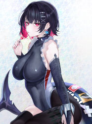 Rule 34 | 1girl, absurdres, alternate costume, bare shoulders, black bridal gauntlets, black hair, black nails, black one-piece swimsuit, black pantyhose, black thighhighs, breasts, bridal gauntlets, candy, closed mouth, colored inner hair, commentary, competition swimsuit, earrings, ellen joe, english commentary, fingernails, fins, fish tail, food, frilled one-piece swimsuit, frills, gurei (streaper42846), highres, holding, holding candy, holding food, holding lollipop, jewelry, large breasts, lollipop, looking at viewer, mole, mole under eye, multicolored hair, nail polish, one-piece swimsuit, pantyhose, pantyhose under swimsuit, red eyes, red hair, shark girl, shark print, shark tail, short hair, simple background, single leg pantyhose, single thighhigh, skindentation, solo, swimsuit, tail, thighhighs, thighs, zenless zone zero