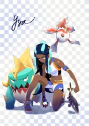 1girl aqua_hair armband arrokuda black_hair breasts checkered_background clenched_hand crop_top dark-skinned_female dark_skin drednaw earrings fish gen_1_pokemon gen_8_pokemon goldeen hair_bun holding holding_poke_ball hoop_earrings jewelry medium_breasts midriff multicolored_hair navel nessa_(pokemon) nintendo on_one_knee poke_ball poke_ball_(basic) pokemon pokemon_(creature) pokemon_swsh sandals short_shorts shorts single_hair_bun two-tone_hair uraya_nagi very_dark_skin