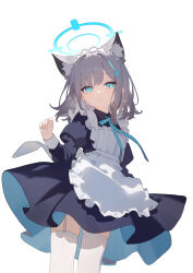 1girl absurdres alternate_costume animal_ear_fluff animal_ears apron black_jacket blue_archive blue_eyes blue_halo cross_hair_ornament eco_376124 enmaided extra_ears grey_hair hair_ornament halo highres jacket juliet_sleeves long_sleeves looking_at_viewer maid maid_apron medium_hair mismatched_pupils open_mouth puffy_sleeves shiroko_(blue_archive) simple_background solo thighhighs white_apron white_background white_thighhighs wolf_ears