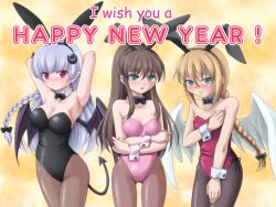 Rule 34 | 1boy, 2girls, animal ear hairband, animal ears, armpits, arms up, bat wings, black leotard, black ribbon, blonde hair, blush, braid, breasts, brown hair, crossdressing, crossdressing (mtf), embarrassed, emil chronicle online, fake animal ears, fishnet pantyhose, fishnets, green eyes, hairband, happy new year, horns, joshua (eco), large breasts, leotard, long hair, multiple girls, neck ribbon, new year, pantyhose, pink leotard, playboy bunny, pointy ears, pulish (eco), rabbit ear hairband, rabbit ears, red eyes, red leotard, rezel (eco), ribbon, takanashi tsukasa, white hair, white wings, wings