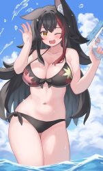 1girl ;d absurdres alternate_costume animal_ears bikini black_bikini black_hair blue_sky breasts cameltoe cleavage cloud commentary_request cumulonimbus_cloud day double-parted_bangs flipped_hair front-tie_bikini_top front-tie_top gluteal_fold hair_between_eyes hair_ornament hairclip hands_up highres holding holding_water_gun hololive kajitsu_no_hito large_breasts leaf_print long_hair multicolored_hair navel ocean one_eye_closed ookami_mio open_mouth outdoors partial_commentary print_bikini red_hair side-tie_bikini_bottom sidelocks sky smile solo spiked_hair stomach streaked_hair swimsuit very_long_hair virtual_youtuber water_gun wolf_ears wolf_girl yellow_eyes