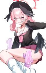 1girl absurdres black_serafuku black_wings blue_archive blush collarbone commentary halo highres koharu_(blue_archive) low_twintails neckerchief off_shoulder pink_eyes pink_hair pink_neckerchief purple_skirt red_halo school_uniform serafuku short_hair simple_background sitting skirt socks solo sweat thighs twintails urashima_jiro white_background white_socks wings