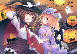 2girls :o alternate_costume bat_wings blonde_hair book brown_hair dress eyepatch ghost gradient_background halloween halloween_costume hat kevn light_blush looking_back maribel_hearn moon multiple_girls necktie open_mouth orange_eyes pumpkin purple_dress purple_eyes serious silk skirt smile spider_web touhou usami_renko wings witch_hat