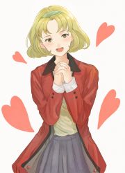 1girl blonde_hair breasts gensou_suikoden gensou_suikoden_ii green_eyes hairband heart highres korunosabu long_hair looking_at_viewer nina_(suikoden) open_mouth own_hands_together simple_background skirt small_breasts smile solo white_background