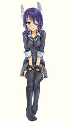 1girl absurdres black_cardigan black_gloves black_thighhighs blush breasts brown_eyes cardigan clenched_hands closed_mouth collared_shirt eyepatch gloves grey_skirt hair_between_eyes headgear highres invisible_chair kangoku_kou kantai_collection looking_at_viewer medium_breasts necktie partially_fingerless_gloves pleated_skirt purple_hair shirt short_hair simple_background sitting skirt solo tenryuu_(kancolle) thighhighs yellow_background yellow_eyes