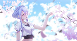 1girl :d absurdres backlighting blue_hair blue_sky blurry blurry_background blush braid breasts cherry_blossoms collarbone commentary_request crown_braid dappled_sunlight day fingernails frilled_sleeves frills from_side hair_between_eyes hair_bun hand_up happy highres impossible_clothes large_breasts long_hair looking_at_flowers open_mouth outdoors petals red_eyes ringed_eyes shirt shootinghaze short_sleeves single_hair_bun sky smile solo sorakado_ao spring_(season) straight_hair summer_pockets sunlight upper_body white_shirt