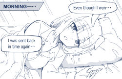 Rule 34 | 1girl, animal ears, bed, commentary, crying, crying with eyes open, english commentary, english text, gameplay mechanics, happy meek (umamusume), horse ears, horse girl, lineart, monochrome, pajamas, sound effects, speech bubble, taguchi kenji (omaep), tears, umamusume