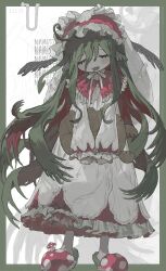 1girl artist_name border bow bowtie capelet closed_eyes dress drooling eyelashes frilled_capelet frilled_dress frilled_hairband frilled_sleeves frills full_body green_border green_hair green_slippers grey_tongue hair_between_eyes hairband highres holding holding_stuffed_toy light_blush long_dress long_hair long_sleeves mushroom namoku_(namottttt) open_mouth original outside_border pale_skin paperclip pink_capelet pink_hairband polka_dot_footwear puffy_long_sleeves puffy_sleeves red_slippers scorpion sharp_teeth silk sleeves_past_wrists slippers smile solo spider_web standing stuffed_animal stuffed_scorpion stuffed_toy teeth two-tone_slippers upper_teeth_only veil very_long_hair white_background white_bow white_bowtie white_dress white_veil