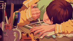 Rule 34 | 1boy, blurry, blurry foreground, book, brown eyes, brown hair, closed mouth, coffee mug, commentary request, cup, desk, green shirt, hair over one eye, head on table, holding, holding pencil, ikkaf sk, jacket, long sleeves, male focus, mechanical pencil, mug, noise, open book, original, pen, pencil, ruler, shirt, short hair, solo, studying, yellow jacket