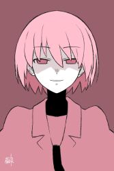 1girl alternate_hair_color artist_name black_necktie black_undershirt bob_cut close-up commentary empty_eyes hair_between_eyes highres juliet_sleeves kikumaru_bunta light_smile long_sleeves looking_at_viewer monochrome monogatari_(series) naoetsu_high_school_uniform narrowed_eyes necktie oshino_ougi pale_skin pink_background pink_eyes pink_hair pink_shirt pink_theme portrait puffy_sleeves school_uniform shaded_face shirt short_hair signature smile solo straight-on translated turtleneck