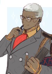 1boy ascot book buttons chaldea_logo closed_mouth collared_shirt dark-skinned_male dark_skin earpiece emiya_alter fate/grand_order fate_(series) formal_clothes grey_suit highres holding holding_book long_sleeves looking_at_viewer pen pen_to_mouth red_ascot ryriwashere shirt short_hair smile solo star_(symbol) suit upper_body white_hair yellow_eyes yellow_shirt