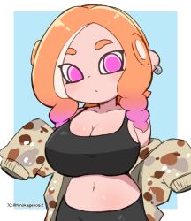Rule 34 | 1girl, black pants, black sports bra, blue background, blush, breasts, brown jacket, camouflage, camouflage jacket, cleavage, collarbone, drill hair, earrings, gradient hair, hoop earrings, jacket, jewelry, large breasts, long hair, long sleeves, looking at viewer, miyazero, multicolored hair, navel, nintendo, octoling, octoling girl, octoling player character, octopus girl, off-shoulder jacket, off shoulder, open clothes, open jacket, orange hair, pants, pink hair, pointy ears, single earring, sleeves past wrists, splatoon (series), sports bra, standing, suction cups, tentacle hair, two-tone hair