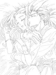 1boy 1girl arm_around_neck arm_around_waist belt bigeroo_(shangmerry) commentary_request couple dragon_quest dragon_quest_builders_2 dress female_builder_(dqb2) gloves hair_horns hair_pulled_back hand_on_another&#039;s_arm hatching_(texture) hetero low_ponytail lying monochrome on_side open_mouth pointy_ears ponytail shirt sidoh_(dqb2) sketch sleeping spiked_hair spooning twintails upper_body