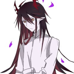 1boy black_hair chinese_commentary closed_mouth commentary_request funamusea haiiro_teien hair_between_eyes horns ivlis_(funamusea) long_hair long_sleeves male_focus pale_skin purple_petals red_hair red_horns shirt simple_background sketch solo tie_fei_wu_mang_dashuai upper_body white_background white_shirt yellow_eyes
