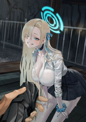 Rule 34 | 062 arts, 1boy, 1girl, absurdres, asuna (blue archive), asuna (school uniform) (blue archive), bench, black skirt, blonde hair, blue archive, blue halo, blue nails, blush, breasts, button gap, choker, cleavage, closed umbrella, collarbone, collared shirt, eyes visible through hair, fence, grin, hair over one eye, halo, highres, holding, holding umbrella, large breasts, long hair, looking at viewer, pleated skirt, scrunchie, shirt, skirt, smile, thighs, umbrella, very long hair, wet, wet clothes, white shirt, wrist scrunchie